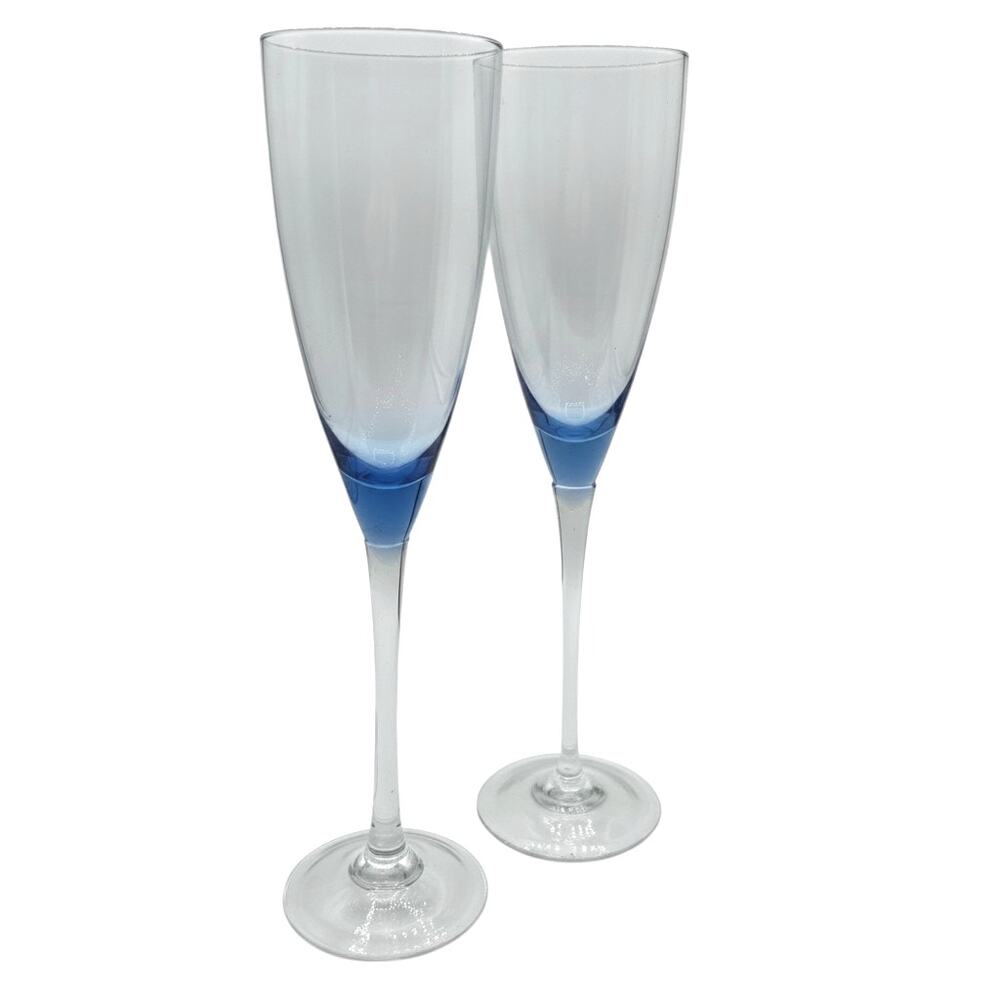 Cobalt Blue Teardrop Stem Champagne Flutes - Set of 2 Glassware Vintage Wedding